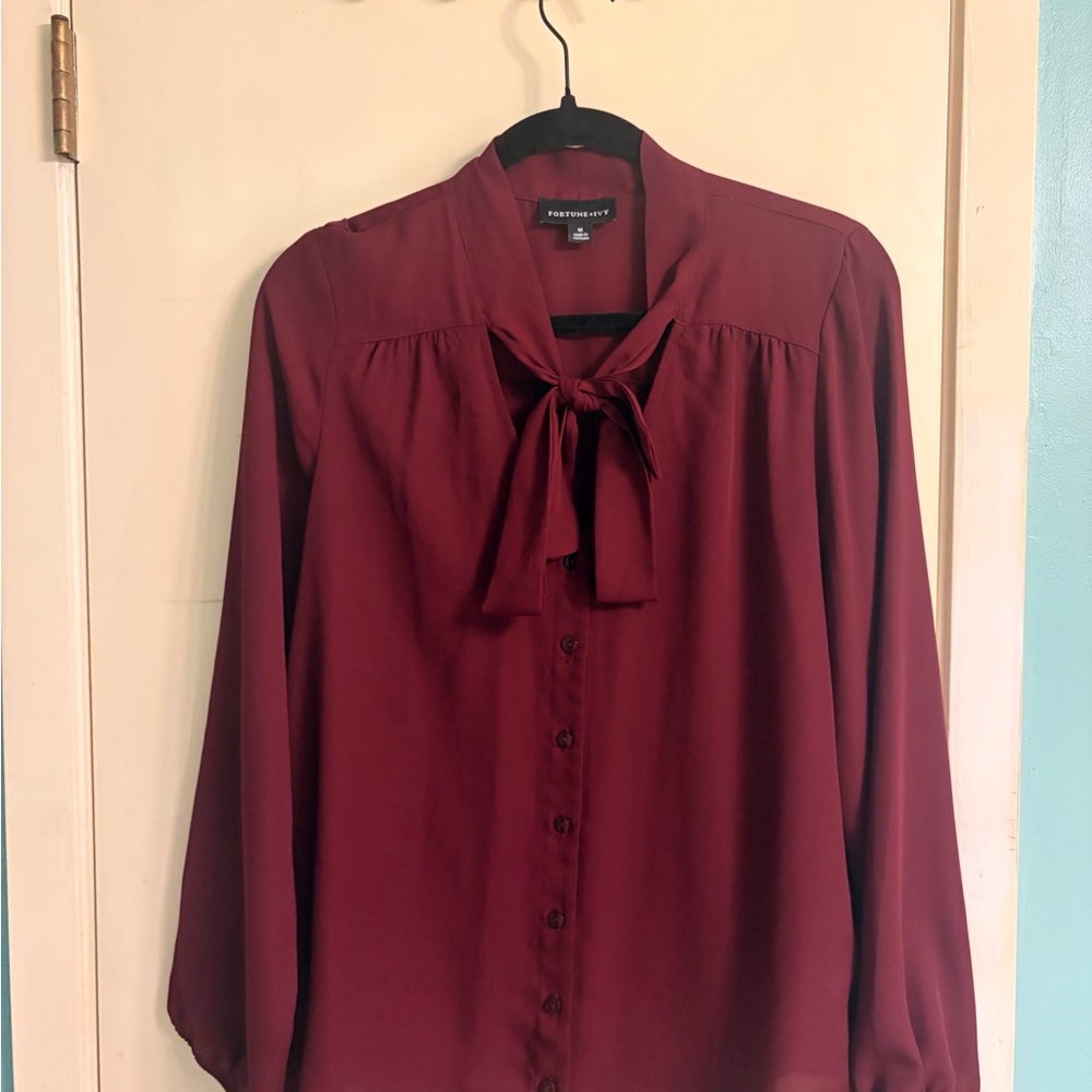Forever 21 Women's Burgundy Tie-Neck Blouse